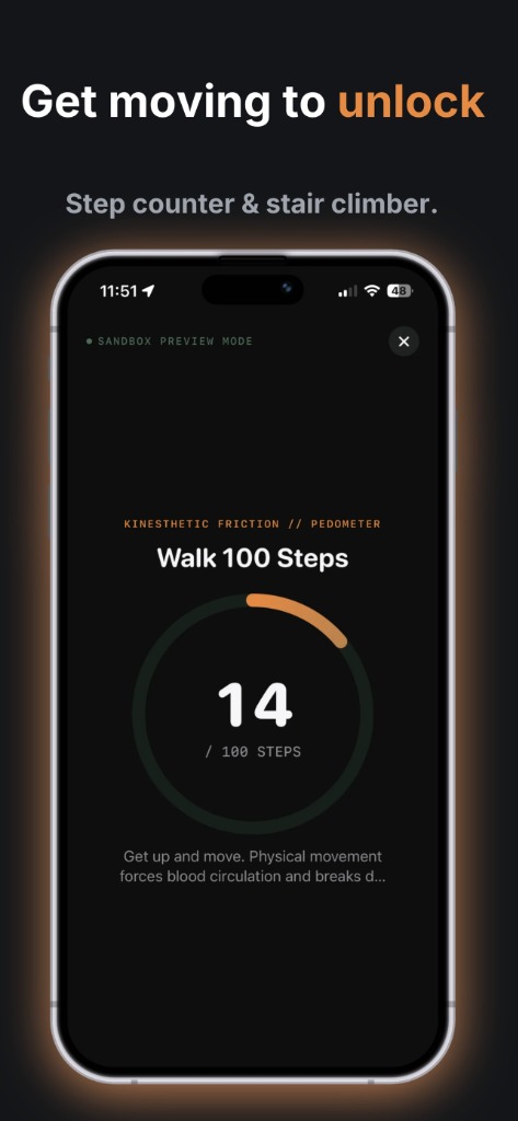 DTox Pedometer Step Counter barrier requiring 100 physical steps